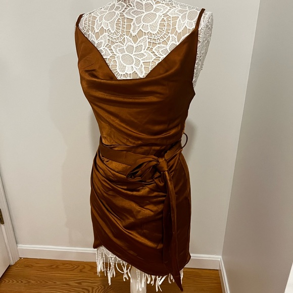 NWOT Satin Ruched Mini Dress Brown Camel - Picture 2 of 8